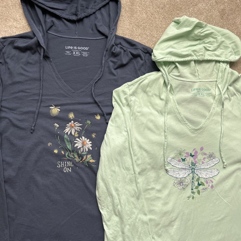 Life is Good Crusher Lite Hoodie Tee LOT of 2 Women XXL Blue Green Floral Nature